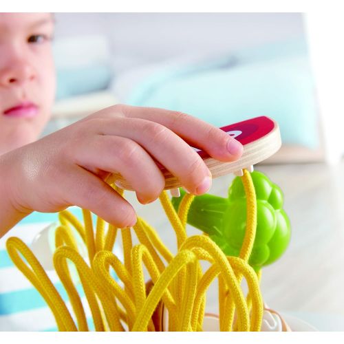  Hape Silly Spaghetti |13 Piece Wooden Spaghetti Fidget Toy, Colorful Pretend Play Cooking Set for Kids 3 Years and Up (E3165)