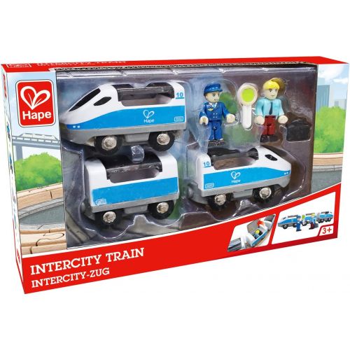  Hape Intercity Train Toy , Kids Train Toy Set with Accessories, 3 x Open/Close Magnetic Carriages, Passenger and Driver Figurines Included, Blue/White