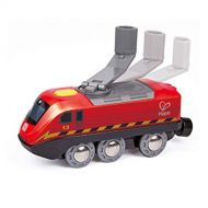 Hape Hand Crank Powered Train | Button Operated, Rechargeable Kinetic Powered Engine and Lights, Kids Toy for Train Set, Red Finish, Sustainable Play for Kids