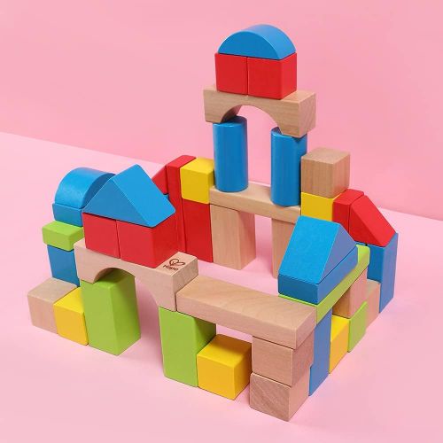  Maple Wood Kids Building Blocks by Hape | Stacking Wooden Block Educational Toy Set for Toddlers, 50 Brightly Colored Pieces in Assorted Shapes and Sizes