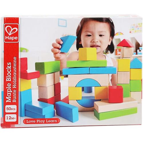  Maple Wood Kids Building Blocks by Hape | Stacking Wooden Block Educational Toy Set for Toddlers, 50 Brightly Colored Pieces in Assorted Shapes and Sizes