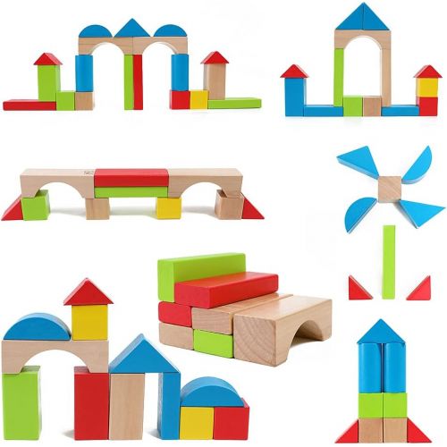 Maple Wood Kids Building Blocks by Hape | Stacking Wooden Block Educational Toy Set for Toddlers, 50 Brightly Colored Pieces in Assorted Shapes and Sizes