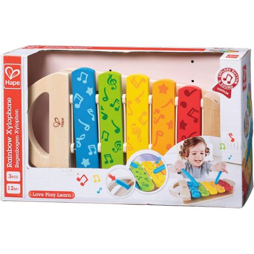  Hape Rainbow Xylophone| Wooden Rainbow-Colored Xylophone with Non-Slip Sticks & Musical Note Motif, Musical Toy for Kids 12Months & Up, Multicolor (E0606)