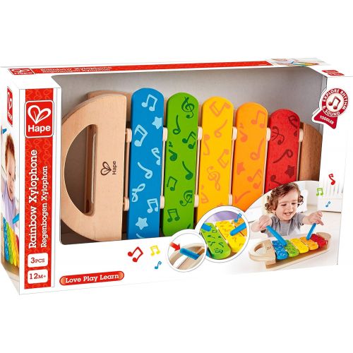  Hape Rainbow Xylophone| Wooden Rainbow-Colored Xylophone with Non-Slip Sticks & Musical Note Motif, Musical Toy for Kids 12Months & Up, Multicolor (E0606)