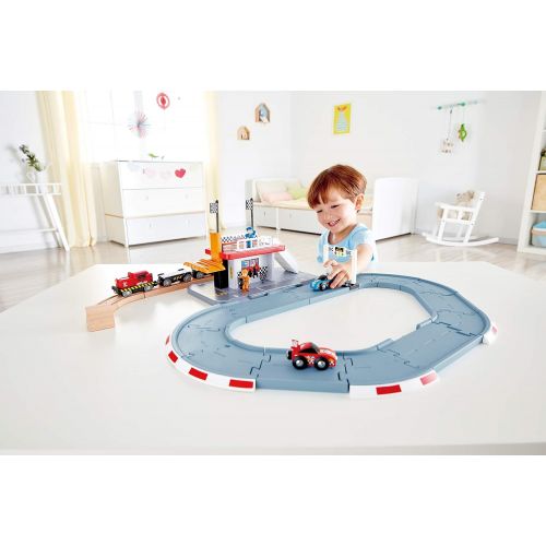  Hape Race Track Station | Wooden Realistic Kids Race Track Toy with Two Race Cars, Carriages & Repair Station, E3734