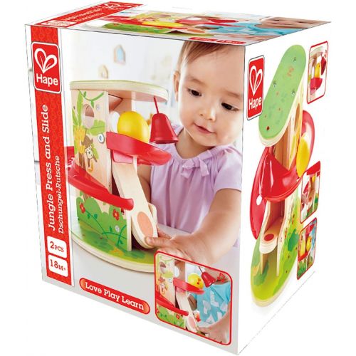  Hape Jungle Press and Slide | Kids Toy with Bell and Wooden Ball, Jungle Themed Lever Operated Toddler’s Game, E0508