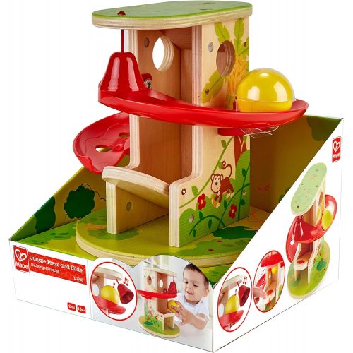  Hape Jungle Press and Slide | Kids Toy with Bell and Wooden Ball, Jungle Themed Lever Operated Toddler’s Game, E0508