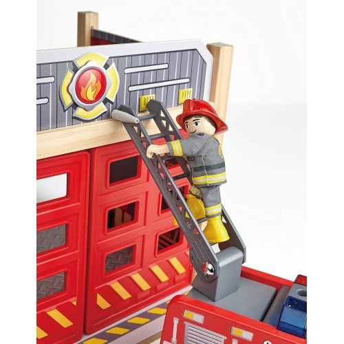  Hape Fire Truck Playset| Wooden Fire Engine Toy with Action Figure & Rescue Dog