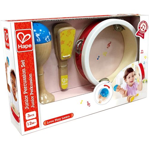  Hape Junior Percussion Set | 3 Piece Wooden Percussion Instrument Set for Toddlers, E0615
