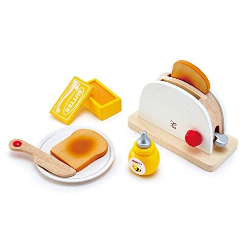  Hape White Wooden Pop-Up Toaster Set, Pretend Play Kitchen Accessories for Kids Preschoolers