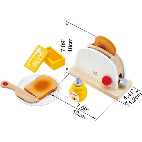  Hape White Wooden Pop-Up Toaster Set, Pretend Play Kitchen Accessories for Kids Preschoolers