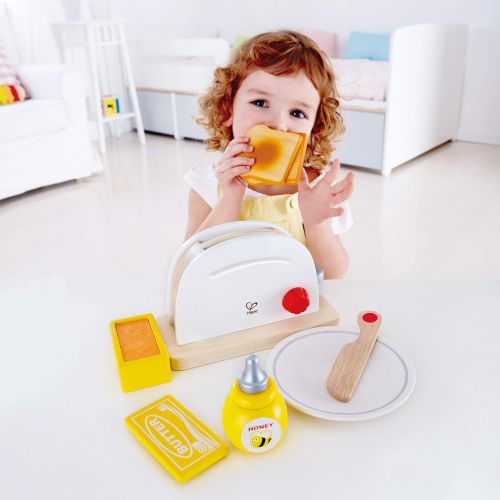  Hape White Wooden Pop-Up Toaster Set, Pretend Play Kitchen Accessories for Kids Preschoolers