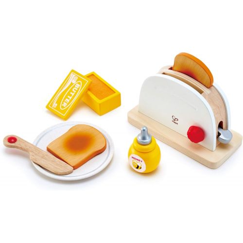  Hape White Wooden Pop-Up Toaster Set, Pretend Play Kitchen Accessories for Kids Preschoolers