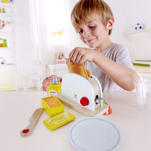  Hape White Wooden Pop-Up Toaster Set, Pretend Play Kitchen Accessories for Kids Preschoolers