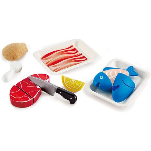 Hape Tasty Proteins Set | Wooden Pretend Play Food Set for Kids, Basic Play Velcro Cooking Ingredients and Accessories Set, Multicolor