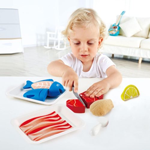  Hape Tasty Proteins Set | Wooden Pretend Play Food Set for Kids, Basic Play Velcro Cooking Ingredients and Accessories Set, Multicolor