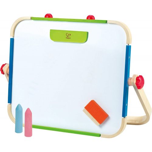  Early Explorer Anywhere Table Top Art Studio by Hape | Award Winning Double-Sided Wooden Kids Easel Whiteboard/Chalkboard with 2 Chalk Pieces, Eraser and Magnetic Wood Clamp for Pa