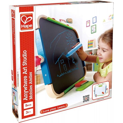  Early Explorer Anywhere Table Top Art Studio by Hape | Award Winning Double-Sided Wooden Kids Easel Whiteboard/Chalkboard with 2 Chalk Pieces, Eraser and Magnetic Wood Clamp for Pa
