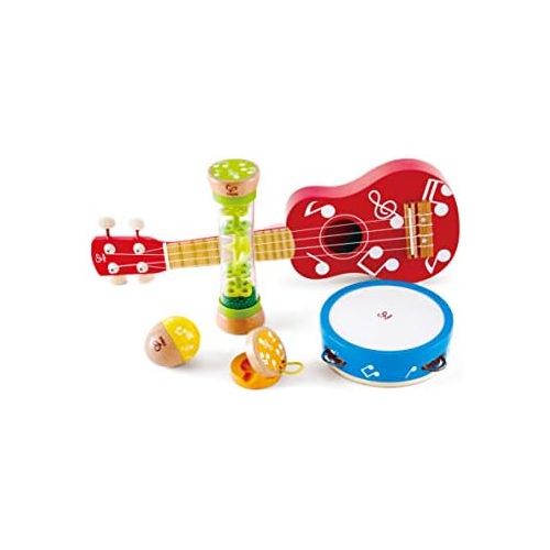  Hape Mini Band Instrument Set | Five Piece Wooden Instrument Music Set for Kids Includes Ukulele, Tambourine, Clapper, Rattle and Rainmaker