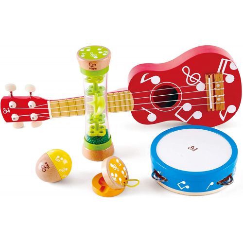  Hape Mini Band Instrument Set | Five Piece Wooden Instrument Music Set for Kids Includes Ukulele, Tambourine, Clapper, Rattle and Rainmaker