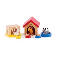 Family Pets Wooden Dollhouse Animal Set by Hape | Complete Your Wooden Dolls House with Happy Dog, Cat, Bunny Pet Set with Complimentary Houses and Food Bowls