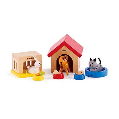  Family Pets Wooden Dollhouse Animal Set by Hape | Complete Your Wooden Dolls House with Happy Dog, Cat, Bunny Pet Set with Complimentary Houses and Food Bowls