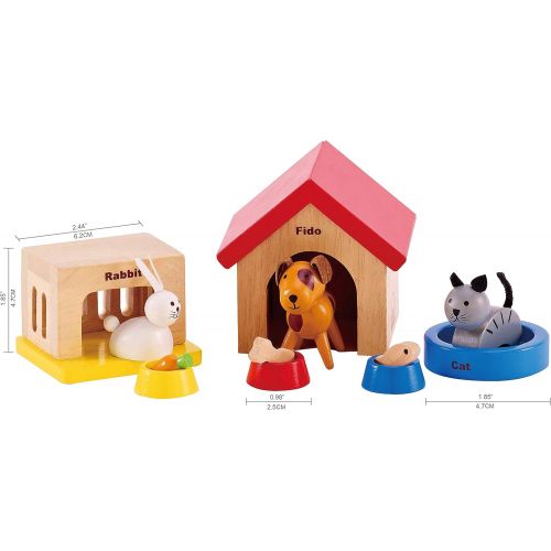  Family Pets Wooden Dollhouse Animal Set by Hape | Complete Your Wooden Dolls House with Happy Dog, Cat, Bunny Pet Set with Complimentary Houses and Food Bowls