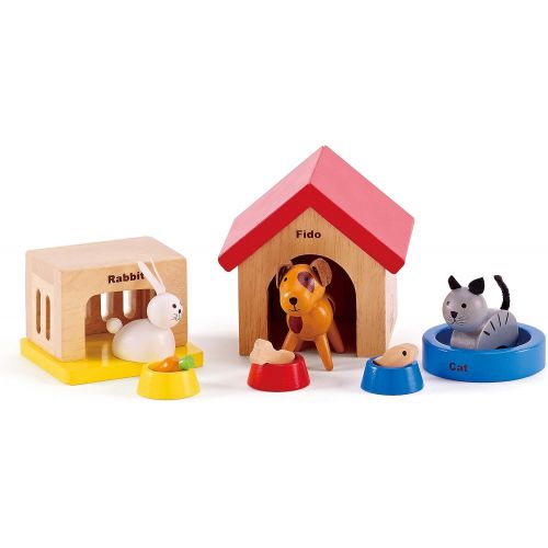  Family Pets Wooden Dollhouse Animal Set by Hape | Complete Your Wooden Dolls House with Happy Dog, Cat, Bunny Pet Set with Complimentary Houses and Food Bowls