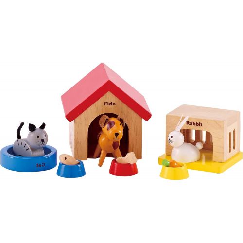  Family Pets Wooden Dollhouse Animal Set by Hape | Complete Your Wooden Dolls House with Happy Dog, Cat, Bunny Pet Set with Complimentary Houses and Food Bowls