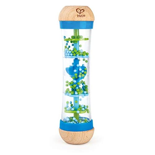  Hape Beaded Raindrops | Mini Wooden Musical Shake & Rattle Rainmaker Toy, Blue