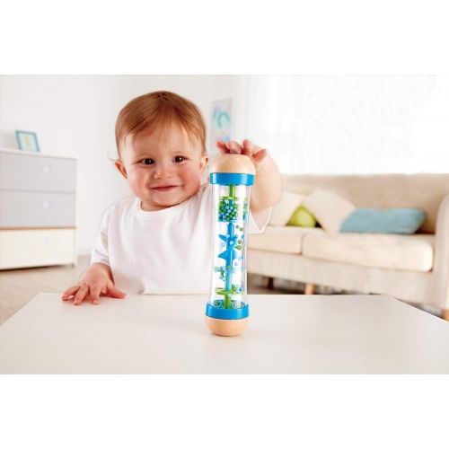  Hape Beaded Raindrops | Mini Wooden Musical Shake & Rattle Rainmaker Toy, Blue