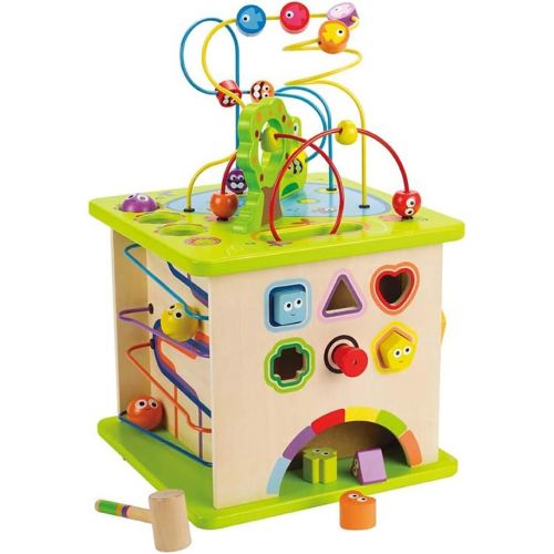  Country Critters Wooden Activity Play Cube by Hape | Wooden Learning Puzzle Toy for Toddlers, 5-Sided Activity Center with Animal Friends, Shapes, Mazes, Wooden Balls, Shape Sorter