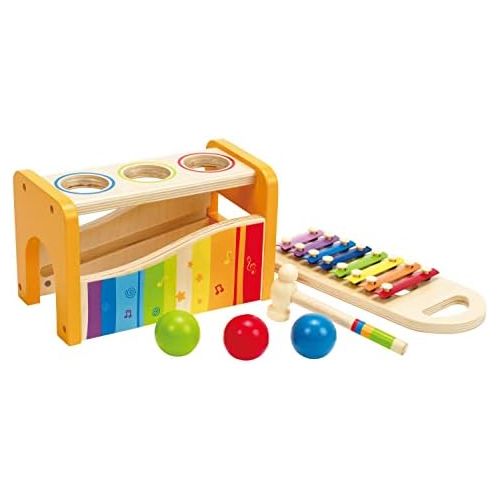  Hape Pound & Tap Bench with Slide Out Xylophone - Award Winning Durable Wooden Musical Pounding Toy for Toddlers, Multifunctional and Bright Colours