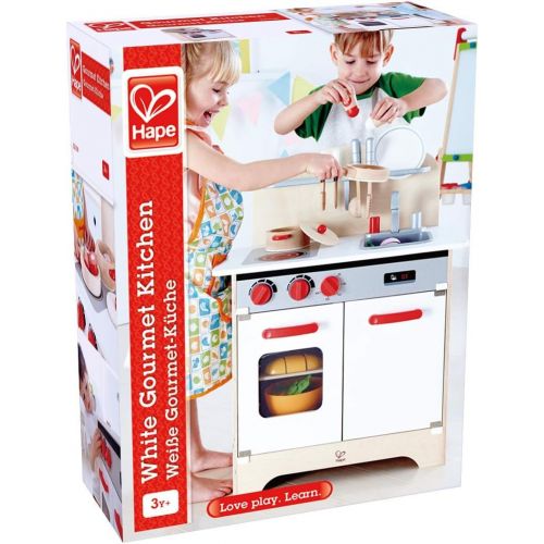  Hape Gourmet Kitchen Toy Fully Equipped Wooden Pretend Play Kitchen Set with Sink, Stove, Baking Oven, Cabinet, Turnable Knobs & Spice Shelf, Red