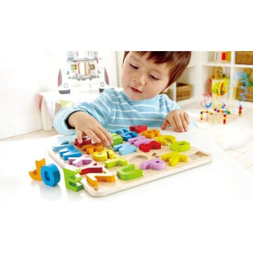  Hape Alphabet Blocks Learning Puzzle | Wooden ABC Letters Colorful Educational Puzzle Toy Board for Toddlers and Kids, Multi-Colored Jigsaw Blocks