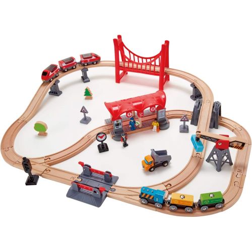  Hape Busy City Train Rail Set | Complete City Themed Wooden Rail Toy Set for Toddlers with Passenger Train, Freight Train, Station, Play Figurines, and More, Multicolor, Model:E373