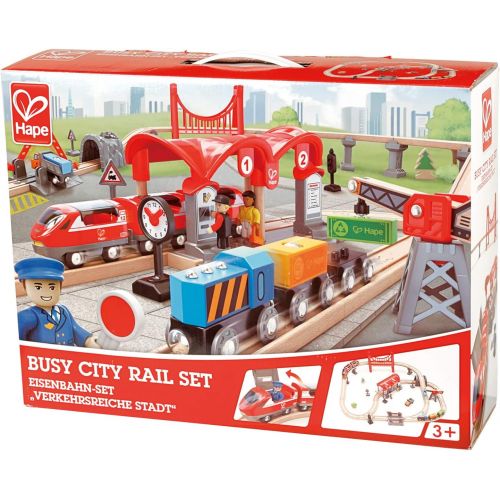  Hape Busy City Train Rail Set | Complete City Themed Wooden Rail Toy Set for Toddlers with Passenger Train, Freight Train, Station, Play Figurines, and More, Multicolor, Model:E373
