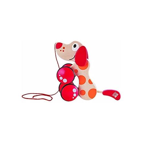  Walk-A-Long Puppy Wooden Pull Toy by Hape | Award Winning Push Pull Toy Puppy For Toddlers Can Sit, Stand and Roll. Rubber Rimmed Wheels for Easy Push and Pull Action, Red