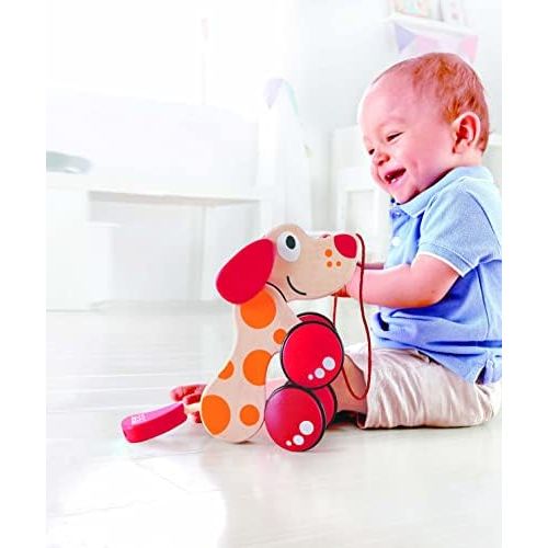  Walk-A-Long Puppy Wooden Pull Toy by Hape | Award Winning Push Pull Toy Puppy For Toddlers Can Sit, Stand and Roll. Rubber Rimmed Wheels for Easy Push and Pull Action, Red