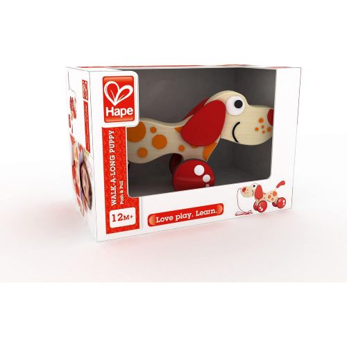  Walk-A-Long Puppy Wooden Pull Toy by Hape | Award Winning Push Pull Toy Puppy For Toddlers Can Sit, Stand and Roll. Rubber Rimmed Wheels for Easy Push and Pull Action, Red