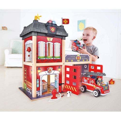  Hape Fire Station Playset| Wooden Dollhouse Kid’s Toy, Stimulates Key Motor Skills and Promotes Team Play