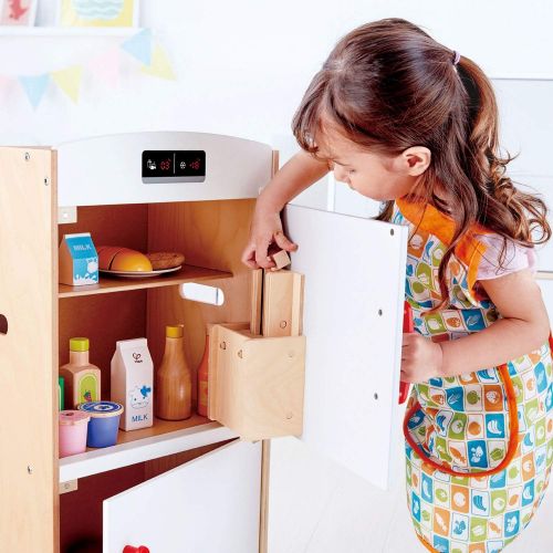  Hape Gourmet Kitchen Wooden Fridge | Cabinet Style Refrigerator Fridge Freezer with Ice Dispenser, Unique Toy Kitchen Playset for Kids