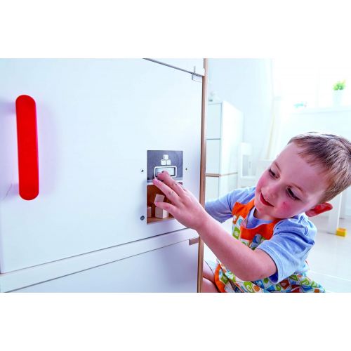  Hape Gourmet Kitchen Wooden Fridge | Cabinet Style Refrigerator Fridge Freezer with Ice Dispenser, Unique Toy Kitchen Playset for Kids