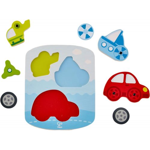  Hape Dynamic Vehicle Puzzle | 3 Piece Wooden Shape Sorting Jigsaw Puzzle Game for Toddlers, Multi-Color