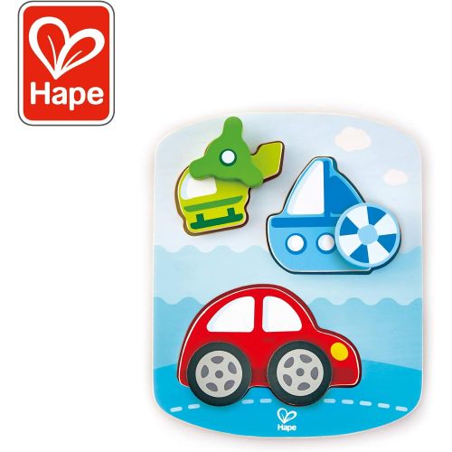  Hape Dynamic Vehicle Puzzle | 3 Piece Wooden Shape Sorting Jigsaw Puzzle Game for Toddlers, Multi-Color