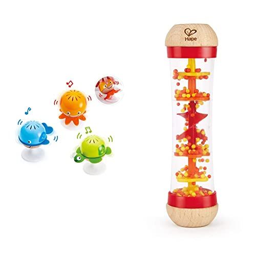  Hape Put-Stay Rattle Set & Beaded Raindrops Mini Wooden Musical Toddler Instrument, Shake & Rattle Rainmaker Toy, Red