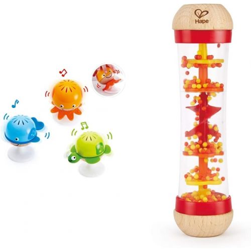  Hape Put-Stay Rattle Set & Beaded Raindrops Mini Wooden Musical Toddler Instrument, Shake & Rattle Rainmaker Toy, Red