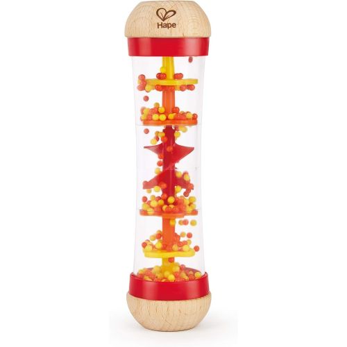  Hape Put-Stay Rattle Set & Beaded Raindrops Mini Wooden Musical Toddler Instrument, Shake & Rattle Rainmaker Toy, Red