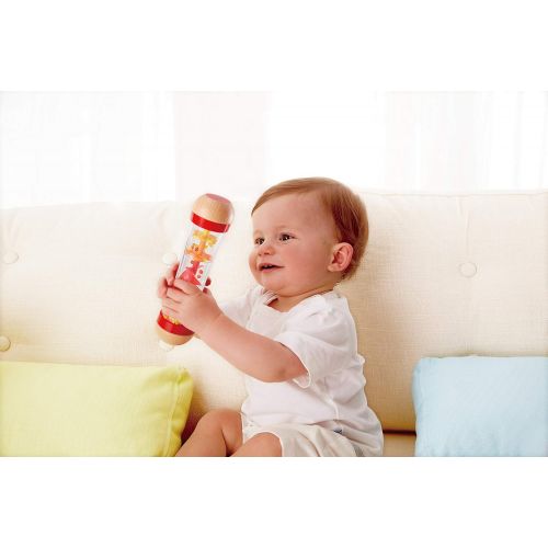  Hape Put-Stay Rattle Set & Beaded Raindrops Mini Wooden Musical Toddler Instrument, Shake & Rattle Rainmaker Toy, Red