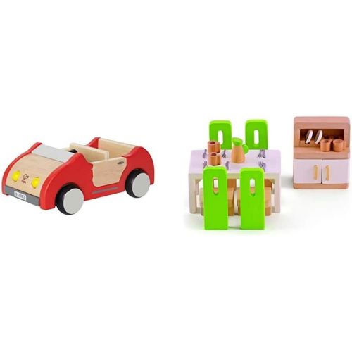  Hape Dollhouse Family Car Wooden Dolls House Car Toy, Push Vehicle Accessory for Complete Doll House Furniture Set & Wooden Doll House Furniture Dining Room Set